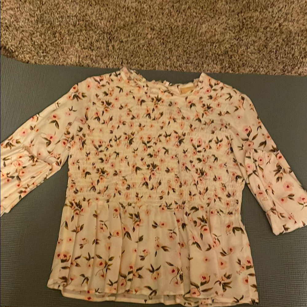 Pink Smocked Ruffled 3/4 Sleeve Blouse
